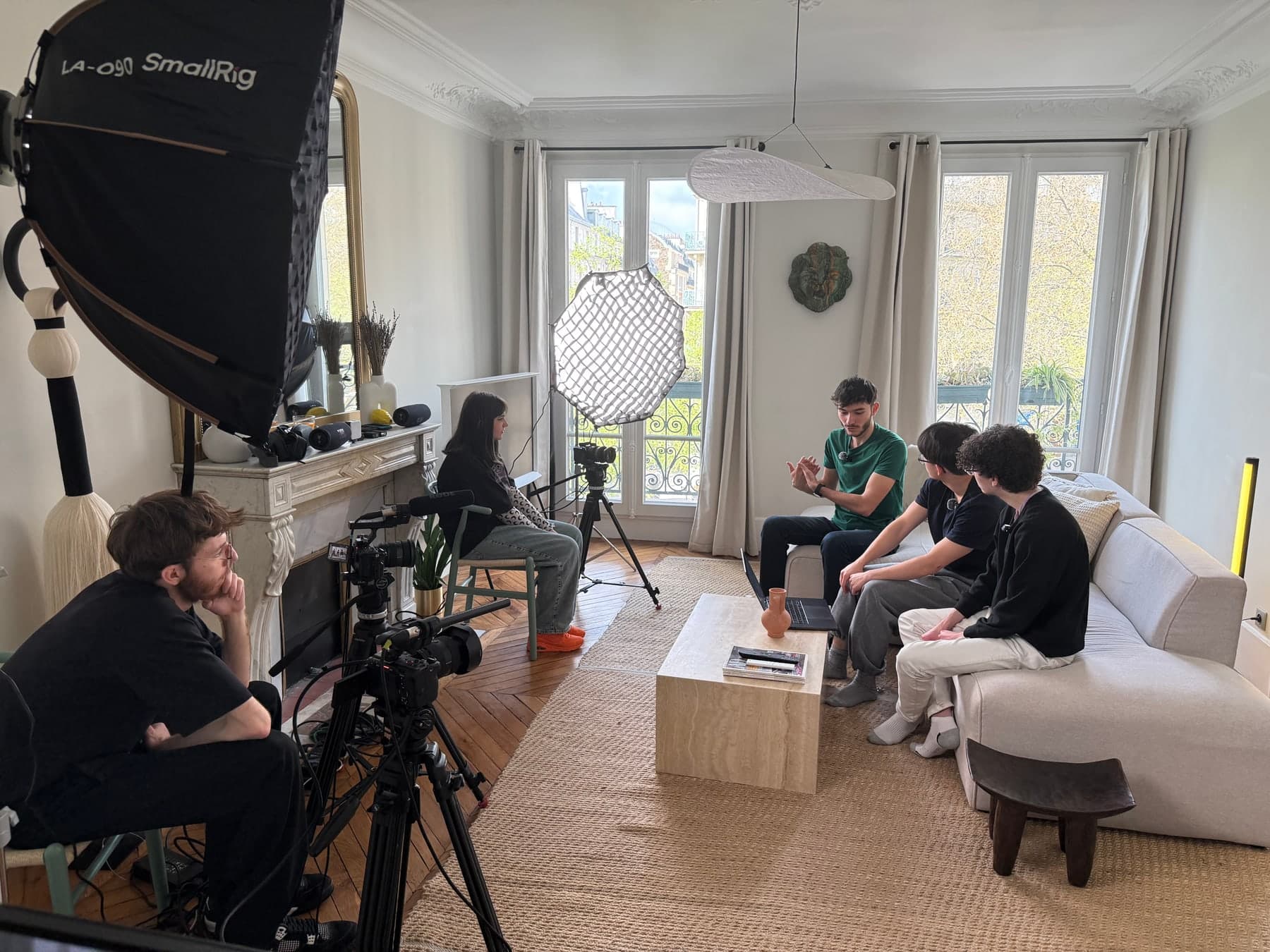 The set for Mickael Wu, with cameras, lights and participants